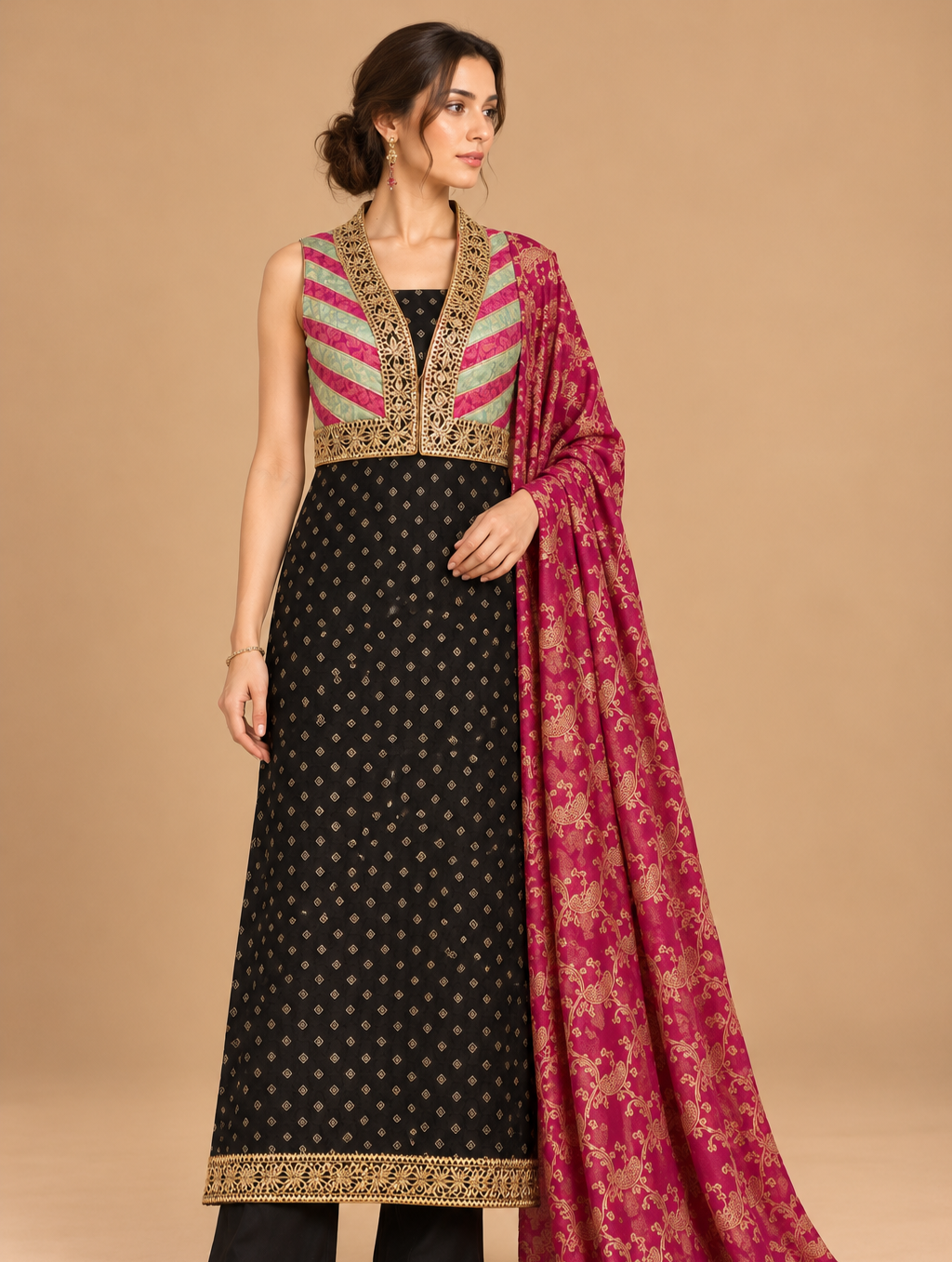Zaria black and fuchsia gold embellished ensemble front view