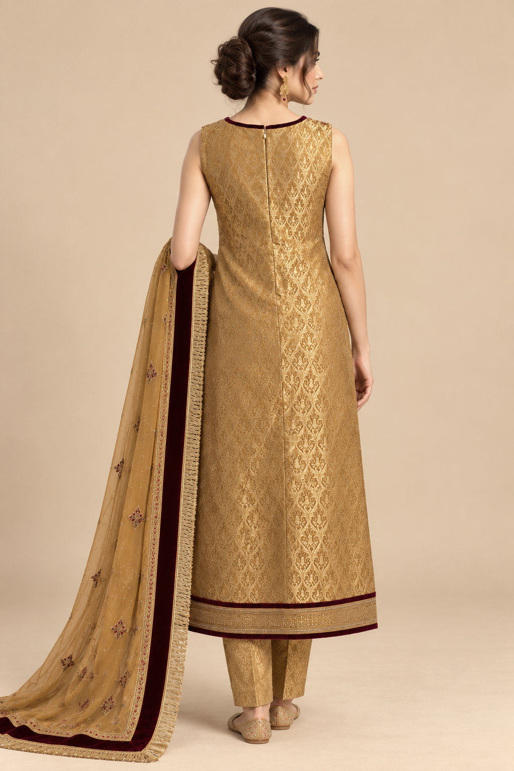 Zarin gold ensemble back view and matching shawl