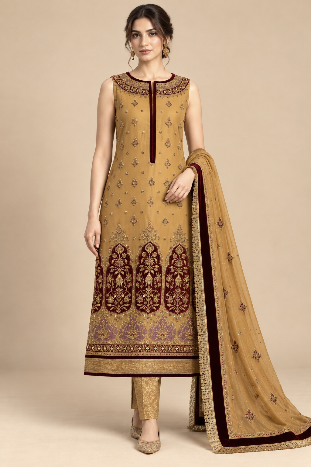 Zarin gold and maroon embroidered ensemble front view